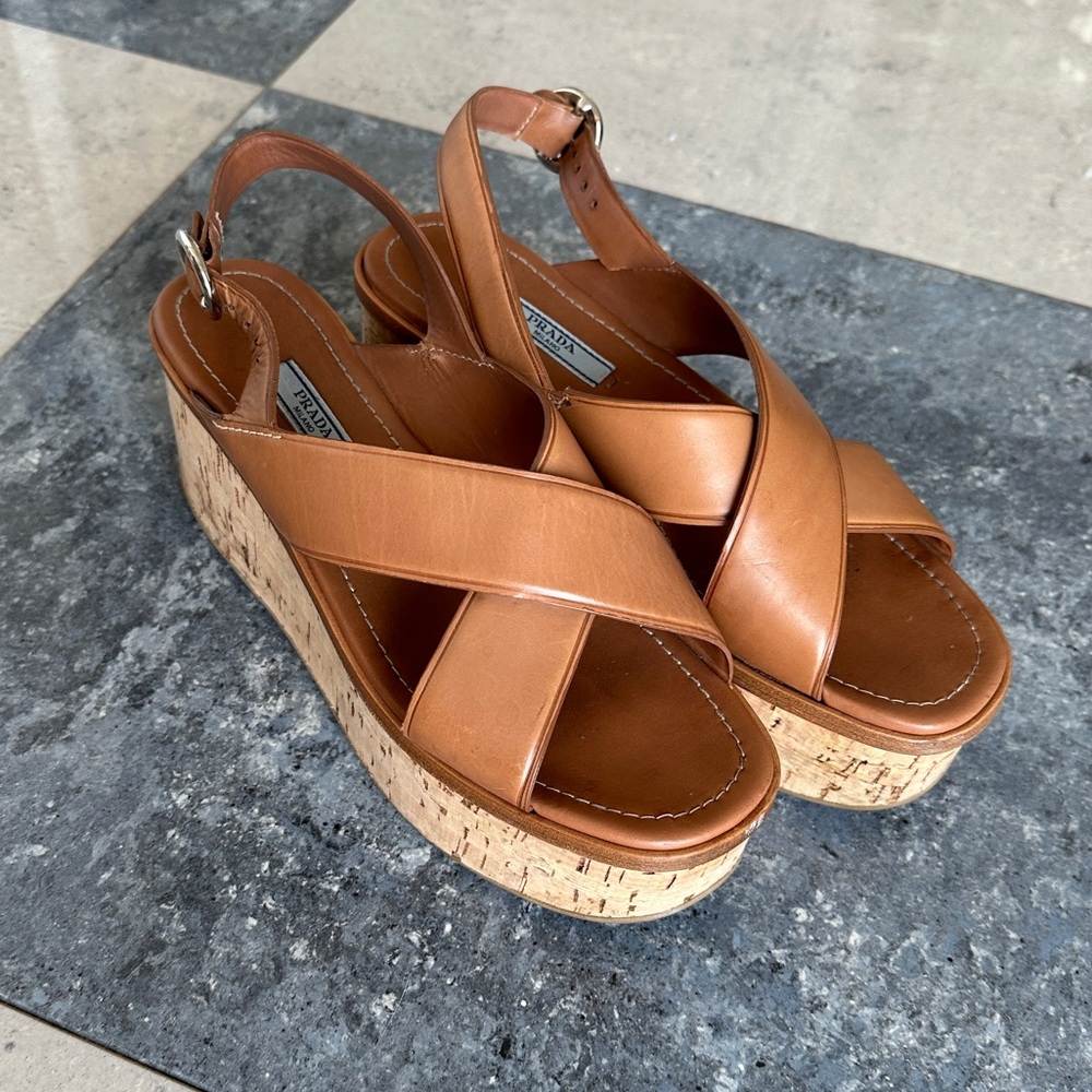Authentic Prada 38.5/8 Brown Leather Crossover & Cork Wedge Sandal Platform Heel